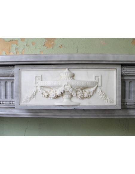 241 AG ANTIQUE ELEGANT NEOCLASSICAL FIREPLACE MANTEL IN BLUE BARDIGLIO AND WHITE STATUARY MARBLE