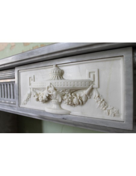 241 AG ANTIQUE ELEGANT NEOCLASSICAL FIREPLACE MANTEL IN BLUE BARDIGLIO AND WHITE STATUARY MARBLE