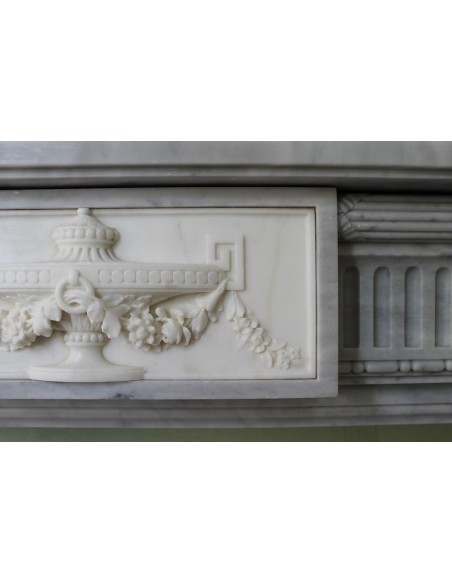 241 AG ANTIQUE ELEGANT NEOCLASSICAL FIREPLACE MANTEL IN BLUE BARDIGLIO AND WHITE STATUARY MARBLE