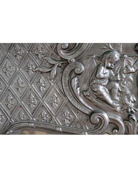 004GH ANTIQUE LARCHER "LES TROIS BÉBÉS" CAST-IRON FIREPLACE MANTEL WITH BLACK MARQUINIA MARBLE TABLET