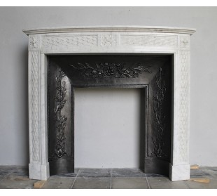 Antique refined Neoclassical white marble fireplace mantel with its own artistic cast iron insert