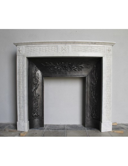 Antique refined Neoclassical white marble fireplace mantel with its own artistic cast iron insert