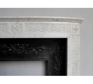Antique refined Neoclassical white marble fireplace mantel with its own artistic cast iron insert 2