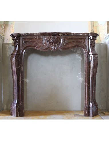 ORIGINAL LOUIS XV "TROIS COQUILLES" FIREPLACE SURROUND CARVED IN ROUGE ROYAL VERSAILLES MARBLE