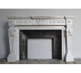 Antique original Louis XVI fireplace carved in white Carrara marble, with its own cast iron insert