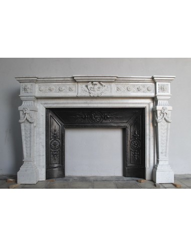 Antique original Louis XVI fireplace carved in white Carrara marble, with its own cast iron insert