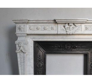 Antique original Louis XVI fireplace carved in white Carrara marble, with its own cast iron insert 2