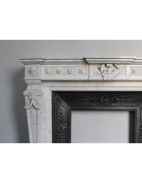 208 AG ANTIQUE MONUMENTAL LOUIS XVI "MACARON" FIREPLACE MANTEL WITH ITS ORIGINAL CAST IRON INSERT