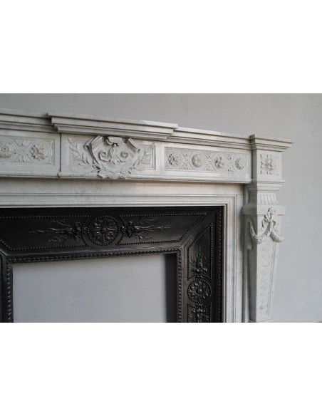 208 AG ANTIQUE MONUMENTAL LOUIS XVI "MACARON" FIREPLACE MANTEL WITH ITS ORIGINAL CAST IRON INSERT