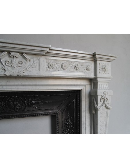 208 AG ANTIQUE MONUMENTAL LOUIS XVI "MACARON" FIREPLACE MANTEL WITH ITS ORIGINAL CAST IRON INSERT