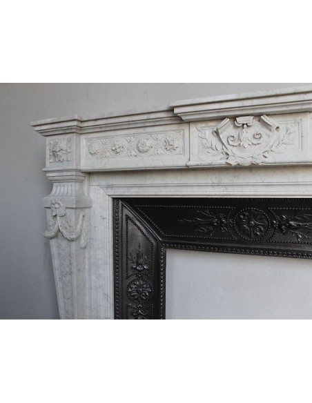 208 AG ANTIQUE MONUMENTAL LOUIS XVI "MACARON" FIREPLACE MANTEL WITH ITS ORIGINAL CAST IRON INSERT
