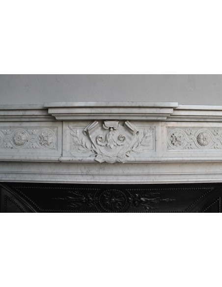 208 AG ANTIQUE MONUMENTAL LOUIS XVI "MACARON" FIREPLACE MANTEL WITH ITS ORIGINAL CAST IRON INSERT
