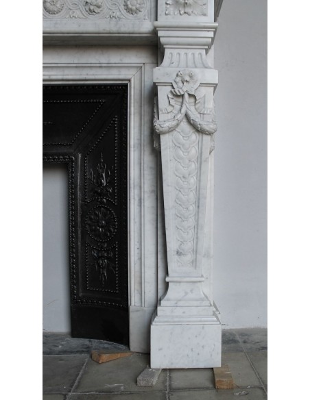 208 AG ANTIQUE MONUMENTAL LOUIS XVI "MACARON" FIREPLACE MANTEL WITH ITS ORIGINAL CAST IRON INSERT