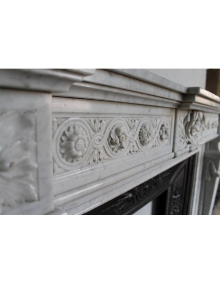 208 AG ANTIQUE MONUMENTAL LOUIS XVI "MACARON" FIREPLACE MANTEL WITH ITS ORIGINAL CAST IRON INSERT