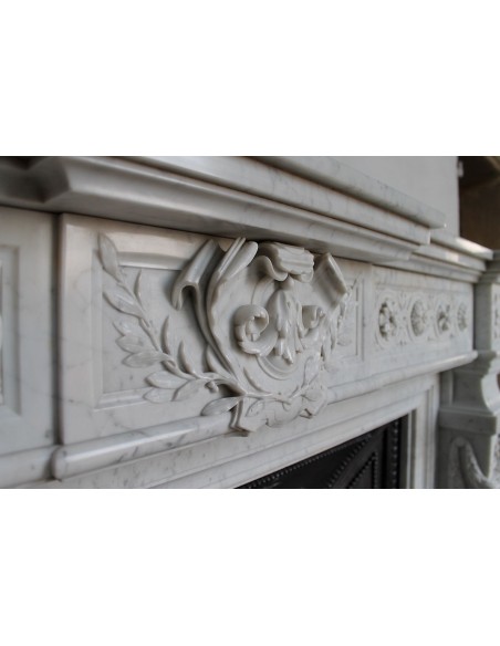 208 AG ANTIQUE MONUMENTAL LOUIS XVI "MACARON" FIREPLACE MANTEL WITH ITS ORIGINAL CAST IRON INSERT