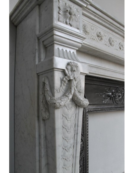 208 AG ANTIQUE MONUMENTAL LOUIS XVI "MACARON" FIREPLACE MANTEL WITH ITS ORIGINAL CAST IRON INSERT