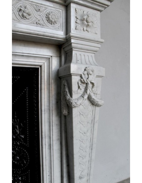 208 AG ANTIQUE MONUMENTAL LOUIS XVI "MACARON" FIREPLACE MANTEL WITH ITS ORIGINAL CAST IRON INSERT