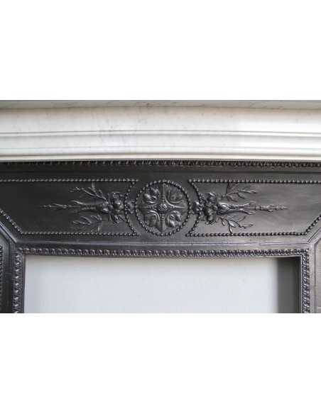 208 AG ANTIQUE MONUMENTAL LOUIS XVI "MACARON" FIREPLACE MANTEL WITH ITS ORIGINAL CAST IRON INSERT