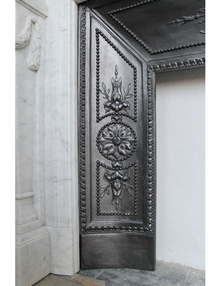 208 AG ANTIQUE MONUMENTAL LOUIS XVI "MACARON" FIREPLACE MANTEL WITH ITS ORIGINAL CAST IRON INSERT