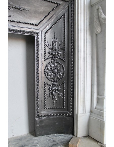 208 AG ANTIQUE MONUMENTAL LOUIS XVI "MACARON" FIREPLACE MANTEL WITH ITS ORIGINAL CAST IRON INSERT