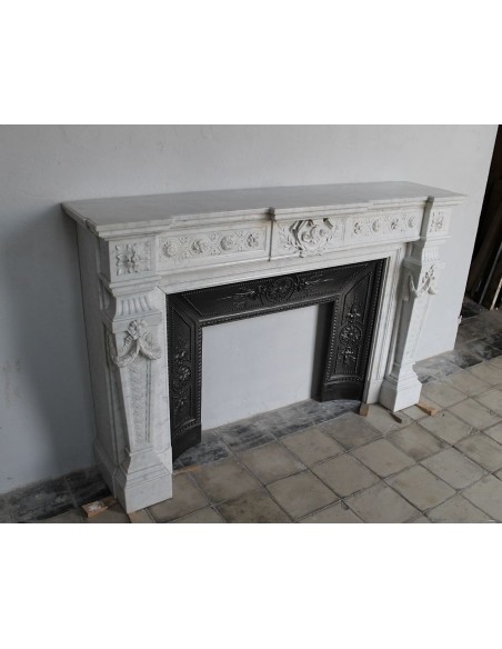208 AG ANTIQUE MONUMENTAL LOUIS XVI "MACARON" FIREPLACE MANTEL WITH ITS ORIGINAL CAST IRON INSERT
