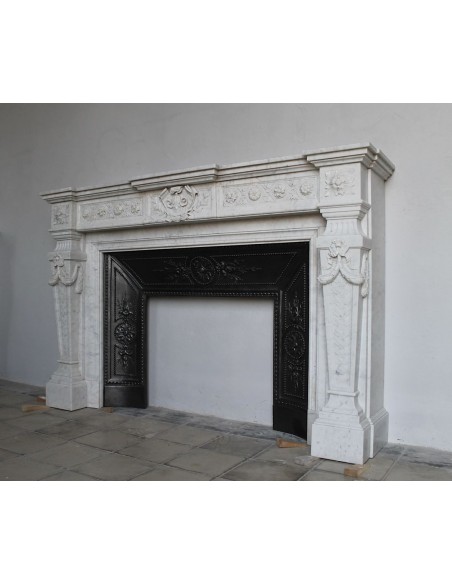 208 AG ANTIQUE MONUMENTAL LOUIS XVI "MACARON" FIREPLACE MANTEL WITH ITS ORIGINAL CAST IRON INSERT