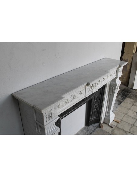 208 AG ANTIQUE MONUMENTAL LOUIS XVI "MACARON" FIREPLACE MANTEL WITH ITS ORIGINAL CAST IRON INSERT