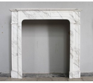 Louis XIV "Parisienne" fireplace mantel carved in white Calacatta marble, with beautiful grey veins.