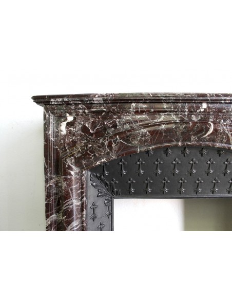 311 LOUIS XIV "BOUDIN ARRONDI" FIREPLACE MANTEL IN ROUGE LEVANTO MARBLE WITH ITS OWN ORIGINAL CAST IRON INSERT