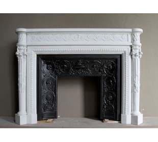 Antique exceptional monumental Louis XVI fireplace mantel carved in white Statuary Carrara marble.