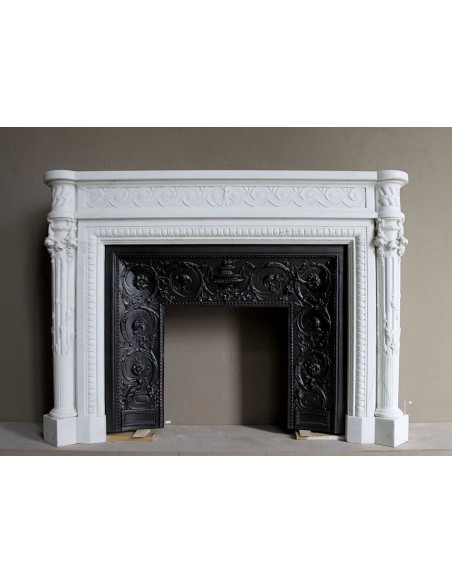 Antique exceptional monumental Louis XVI fireplace mantel carved in white Statuary Carrara marble.