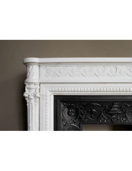 202 AG EXCEPTIONAL MONUMENTAL NEOCLASSICAL FIREPLACE IN PURE WHITE STATUARY CARRARA MARBLE