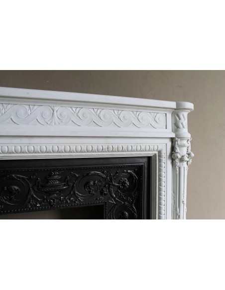 202 AG EXCEPTIONAL MONUMENTAL NEOCLASSICAL FIREPLACE IN PURE WHITE STATUARY CARRARA MARBLE