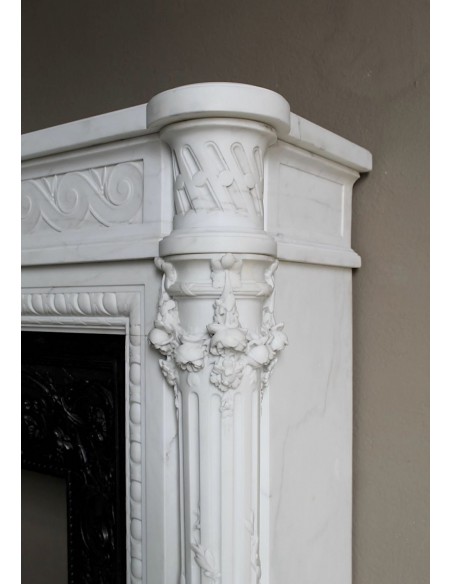 202 AG EXCEPTIONAL MONUMENTAL NEOCLASSICAL FIREPLACE IN PURE WHITE STATUARY CARRARA MARBLE