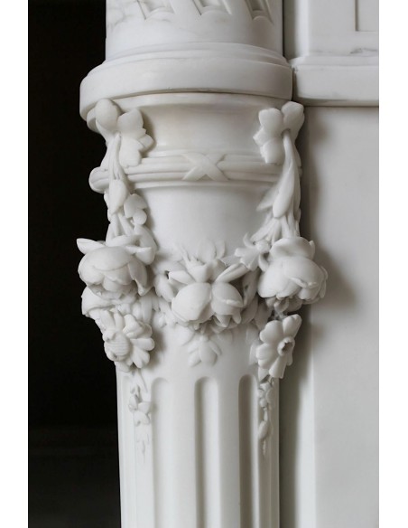 202 AG EXCEPTIONAL MONUMENTAL NEOCLASSICAL FIREPLACE IN PURE WHITE STATUARY CARRARA MARBLE
