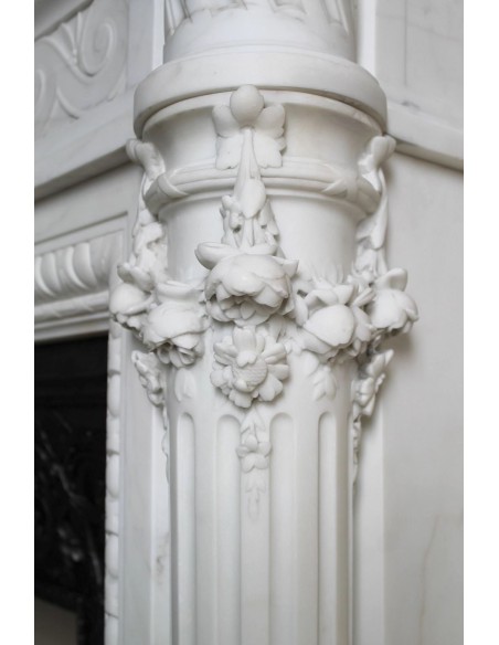 202 AG EXCEPTIONAL MONUMENTAL NEOCLASSICAL FIREPLACE IN PURE WHITE STATUARY CARRARA MARBLE
