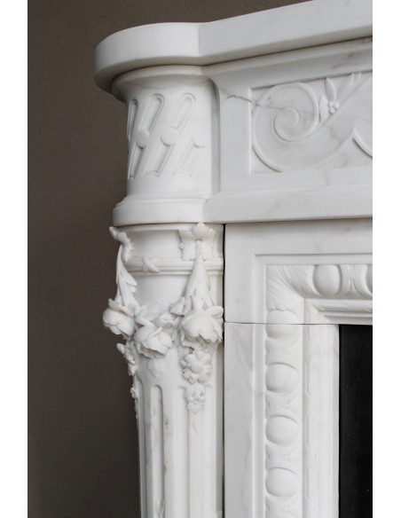 202 AG EXCEPTIONAL MONUMENTAL NEOCLASSICAL FIREPLACE IN PURE WHITE STATUARY CARRARA MARBLE