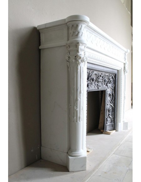 202 AG EXCEPTIONAL MONUMENTAL NEOCLASSICAL FIREPLACE IN PURE WHITE STATUARY CARRARA MARBLE