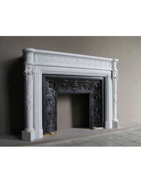 202 AG EXCEPTIONAL MONUMENTAL NEOCLASSICAL FIREPLACE IN PURE WHITE STATUARY CARRARA MARBLE
