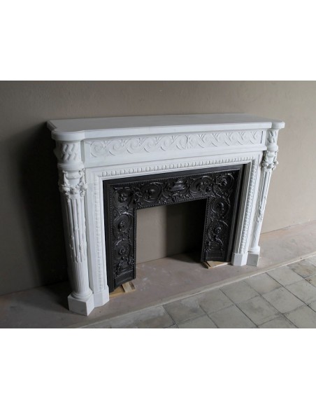 202 AG EXCEPTIONAL MONUMENTAL NEOCLASSICAL FIREPLACE IN PURE WHITE STATUARY CARRARA MARBLE