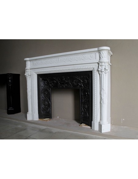 202 AG EXCEPTIONAL MONUMENTAL NEOCLASSICAL FIREPLACE IN PURE WHITE STATUARY CARRARA MARBLE