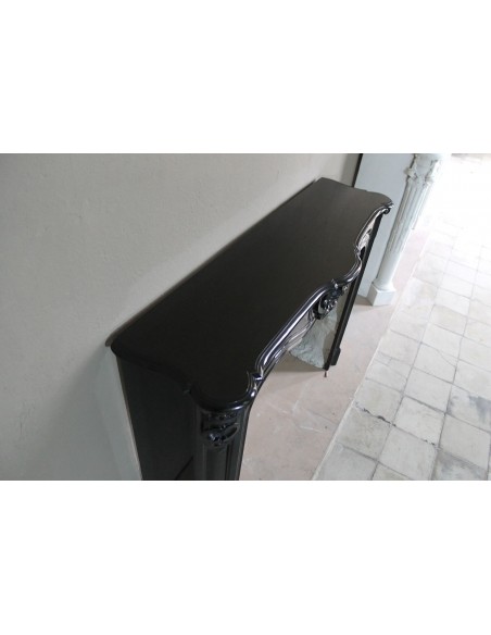 040 ANTIQUE ORIGINAL BAROQUE "TROIS COQUILLES AMÉLIORÉ" FIREPLACE MANTEL IN BLACK BELGIUM MARBLE