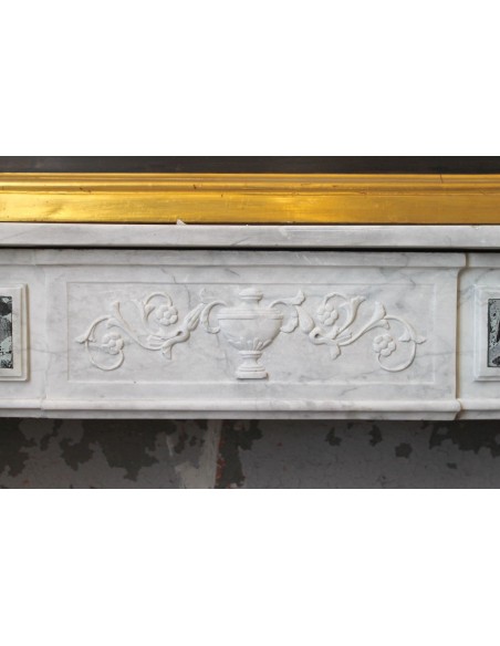 236 LARGE ANTIQUE LOUIS XVI FIREPLACE MANTEL CARVED IN WHITE CARRARA MARBLE WITH GREEN ALPS INLAYS