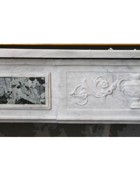 236 LARGE ANTIQUE LOUIS XVI FIREPLACE MANTEL CARVED IN WHITE CARRARA MARBLE WITH GREEN ALPS INLAYS