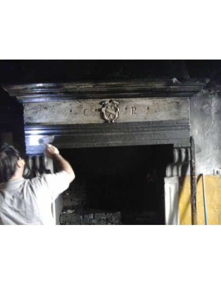 901 AG LARGE AND GENUINE ITALIAN SANDSTONE FIREPLACE WITH BLAZON