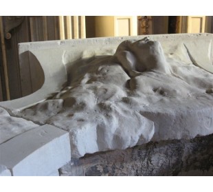 Antique stone fireplace with the sculpture of the face of a woman. This Art Nouveau mantel is signed. 2