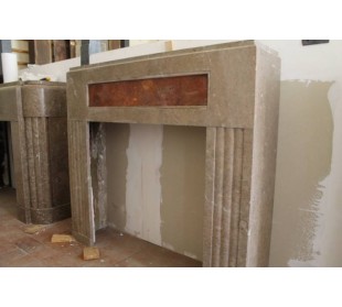 Antique Art Deco fireplace mantel carved in taupe "Lunel" marble and precious Red Onix