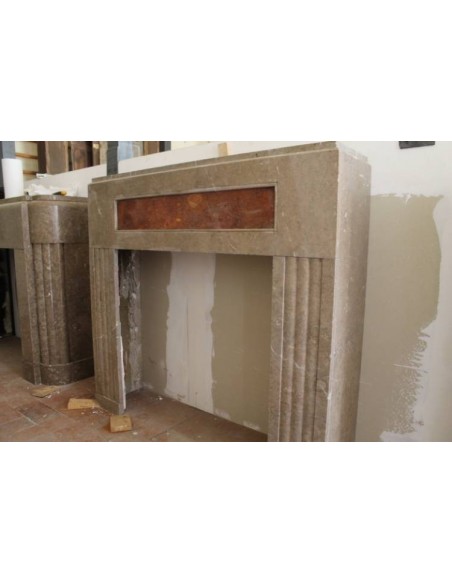 Antique Art Deco fireplace mantel carved in taupe "Lunel" marble and precious Red Onix