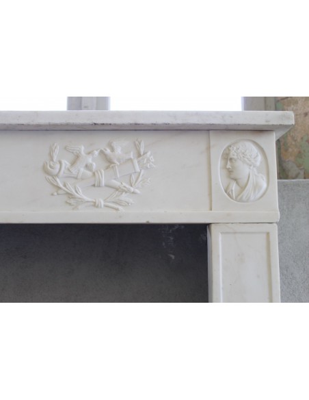 849 AG EXCEPTIONAL ITALIAN DIRECTOIRE-STYLE STATUARY FIREPLACE IN SUPER WHITE CARRARA STATUARY MARBLE