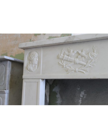 849 AG EXCEPTIONAL ITALIAN DIRECTOIRE-STYLE STATUARY FIREPLACE IN SUPER WHITE CARRARA STATUARY MARBLE